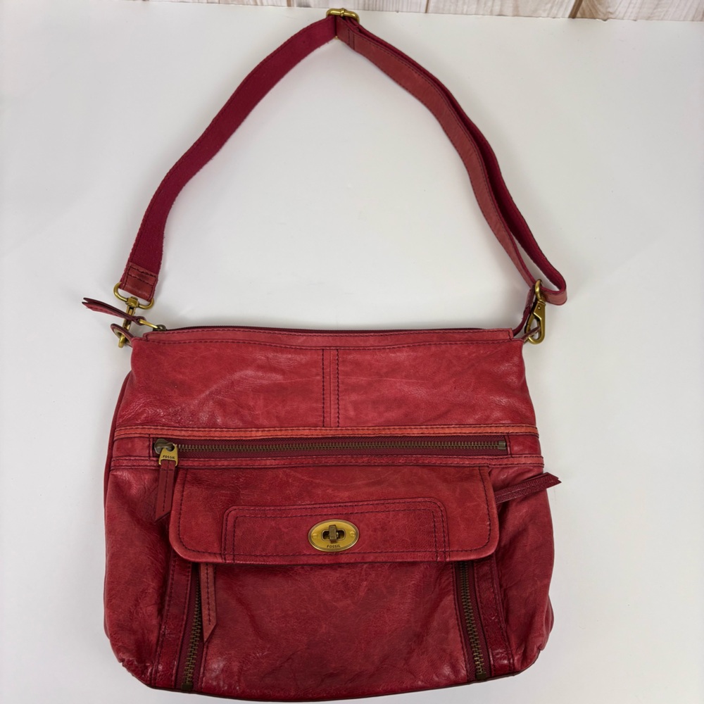 Fossil 2-Pc Set Leather Crossbody Purse Leather Organizer Clutch Wallet Red - Picture 2 of 15